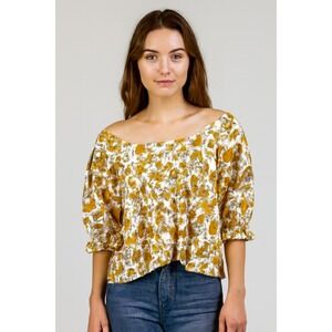 Cupcakes And Cashmere Blouse Top Womens XS Multicolor Linen Sunflowers Print‎